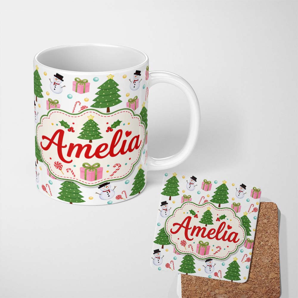 Personalized Custom Name Cute Christmas Tree Snowman Candy Cane Gift Seamless Pattern Lovely 11oz Ceramic Coffee Tea Mug White Large Handle