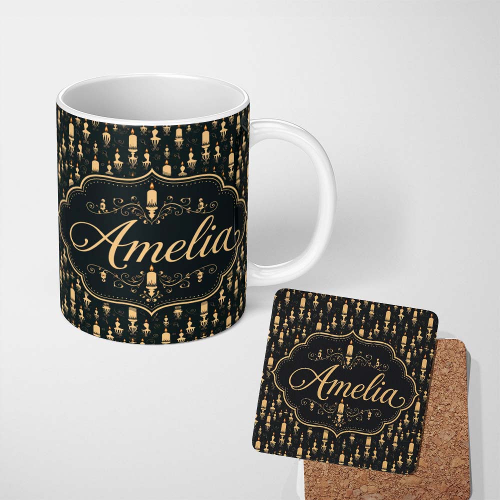 Personalized Custom Name Elegant Vintage Candlelight Silhouette Pattern Dark Seamless Name 11oz Ceramic Coffee Tea Mug White Large Handle