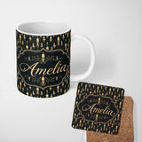 Personalized Custom Name Elegant Vintage Candlelight Silhouette Pattern Dark Seamless Name 11oz Ceramic Coffee Tea Mug White Large Handle