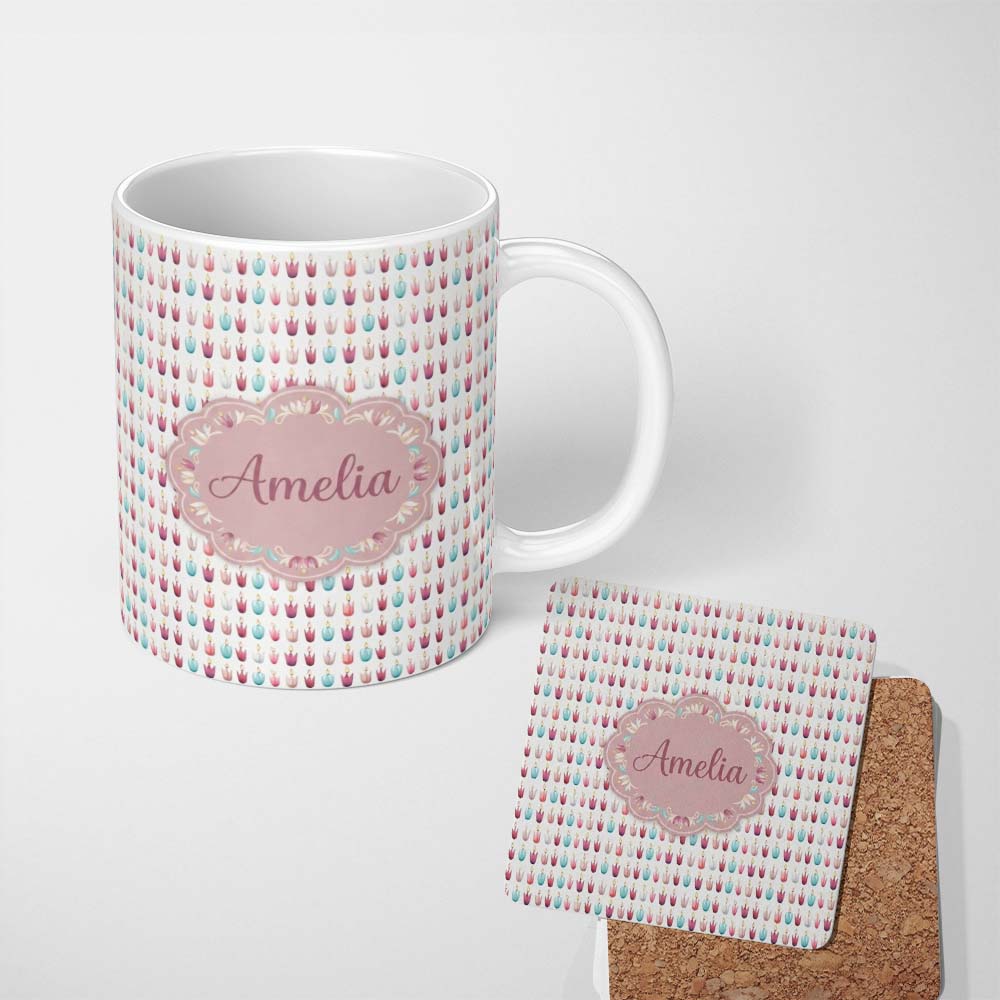 Personalized Custom Name Soft Pastel Candle Shapes Repeating Pattern Light Seamless Name Cute 11oz Ceramic Coffee Tea Mug White Large Handle