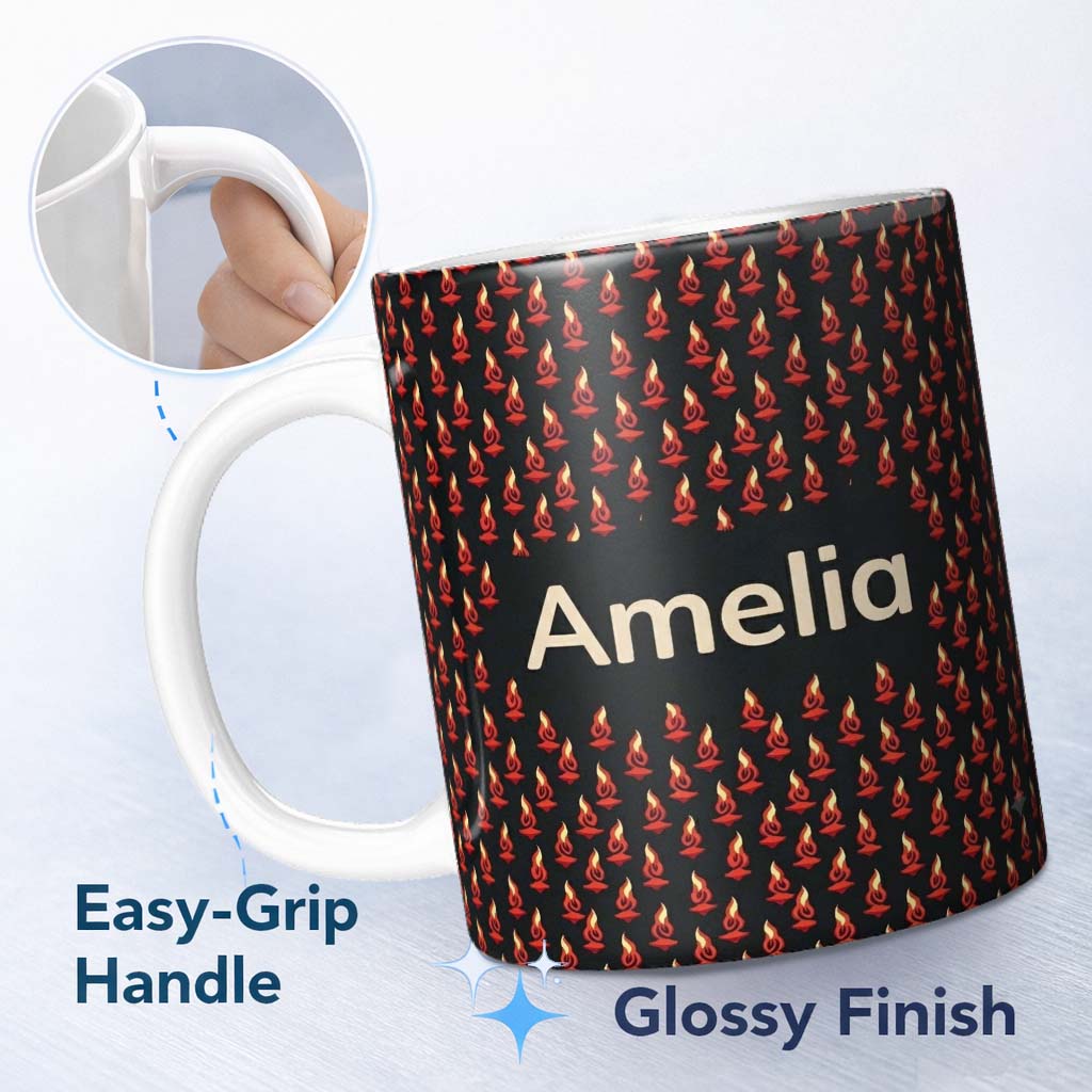 Personalized Custom Name Minimal Red Flame on Dark Background Seamless Pattern Name Cute 11oz Ceramic Coffee Tea Mug White Large Handle