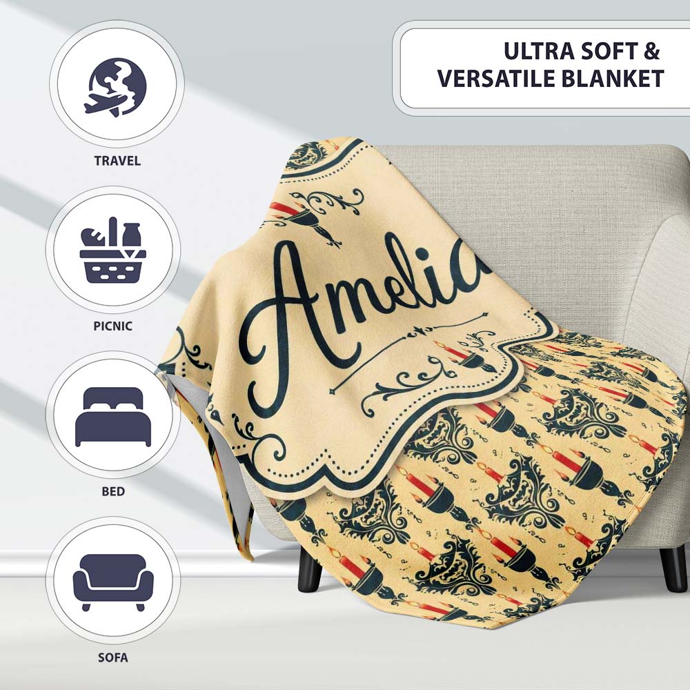 Vintage Ornate Candle Holders and Flames Beige Seamless Pattern  Personalised Custom Name Super Soft Fleece Blanket Bed Sofa Throw