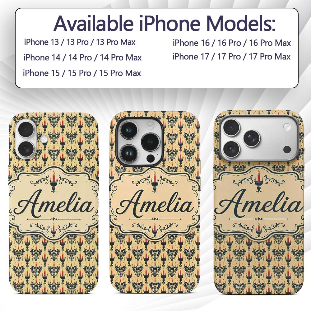 Vintage Ornate Candle Holders and Flames Beige Custom Name Protective Phone Case Mobile Cover Durable Everyday Smartphone Shock Resistant
