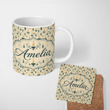 Personalized Custom Name Elegant Teal Candlelight with Decorative Swirls Seamless Pattern 11oz Ceramic Coffee Tea Mug White Large Handle
