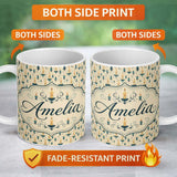 Personalized Custom Name Elegant Teal Candlelight with Decorative Swirls Seamless Pattern 11oz Ceramic Coffee Tea Mug White Large Handle