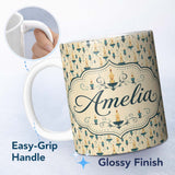 Personalized Custom Name Elegant Teal Candlelight with Decorative Swirls Seamless Pattern 11oz Ceramic Coffee Tea Mug White Large Handle
