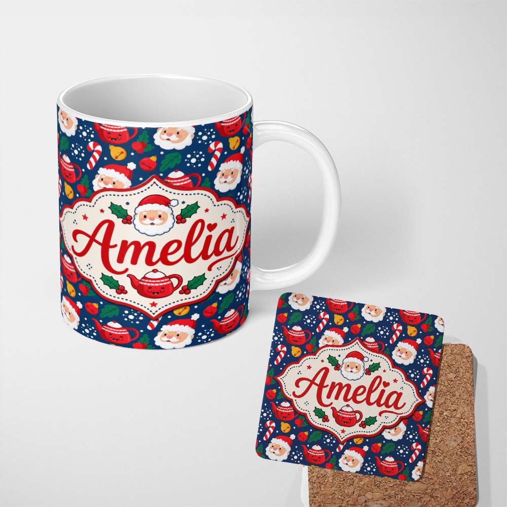 Personalized Custom Name Cute Santa Teapot Candy Cane Holly Seamless Pattern Festive Holiday 11oz Ceramic Coffee Tea Mug White Large Handle