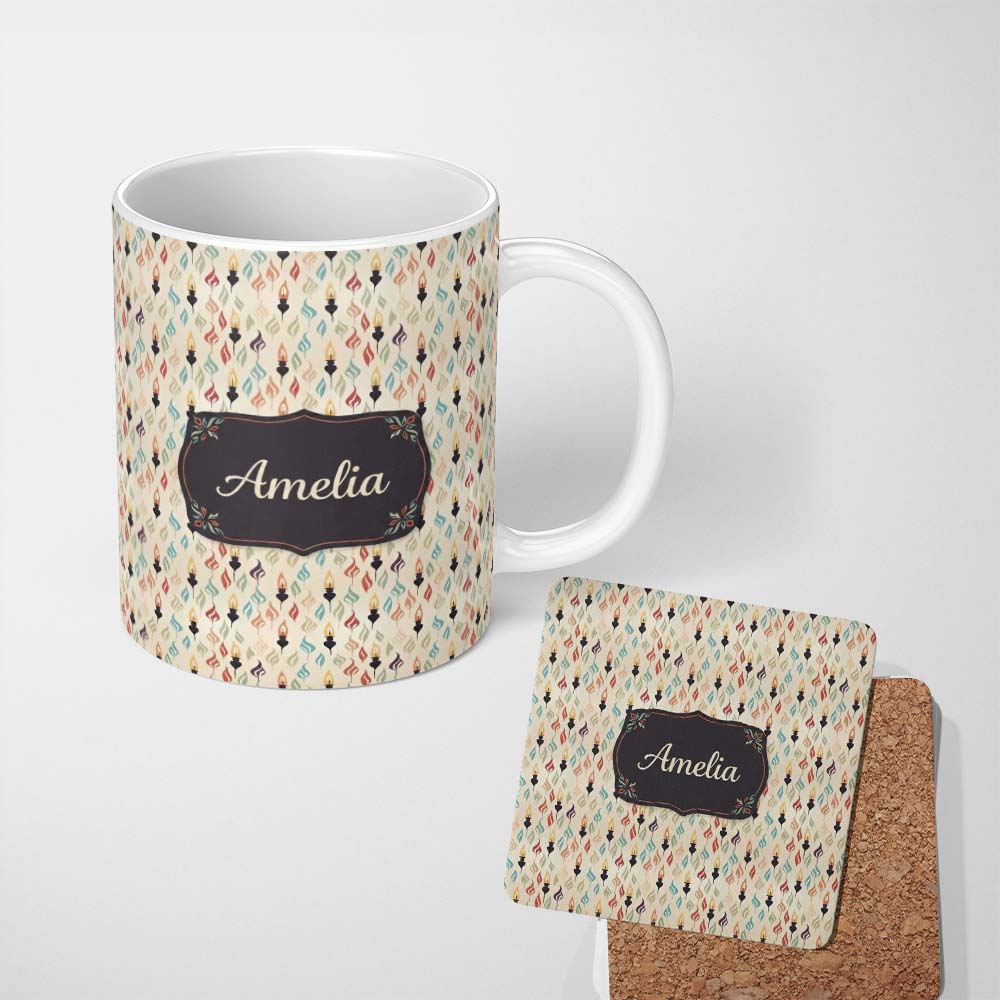 Personalized Custom Name Flame Shapes with Candle Silhouettes Light Seamless Pattern Name 11oz Ceramic Coffee Tea Mug White Large Handle