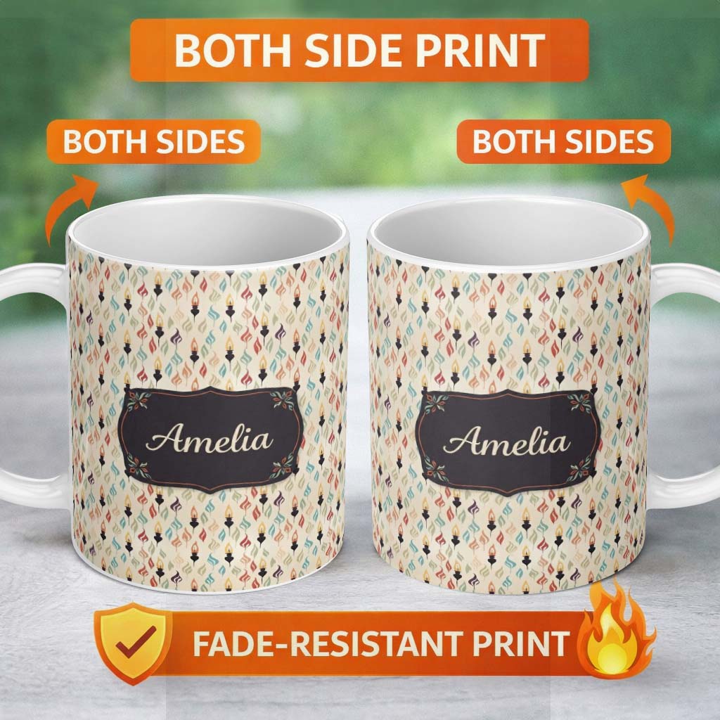 Personalized Custom Name Flame Shapes with Candle Silhouettes Light Seamless Pattern Name 11oz Ceramic Coffee Tea Mug White Large Handle