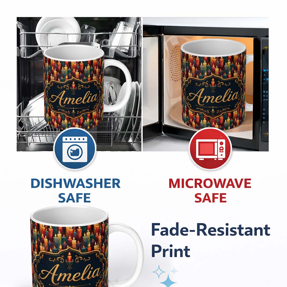 Personalized Custom Name Vibrant Melted Wax Multicolor Candles Dark Seamless Pattern Name 11oz Ceramic Coffee Tea Mug White Large Handle