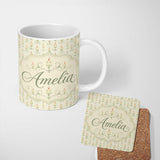 Personalized Custom Name Soft Vintage Candle Holders with Light Glow Seamless Pattern Name 11oz Ceramic Coffee Tea Mug White Large Handle