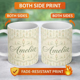 Personalized Custom Name Soft Vintage Candle Holders with Light Glow Seamless Pattern Name 11oz Ceramic Coffee Tea Mug White Large Handle