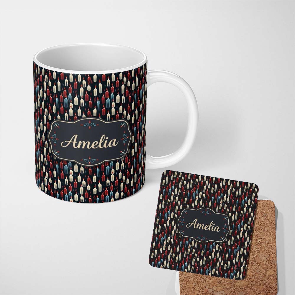 Personalized Custom Name Abstract Dripping Candle Shapes on Dark Seamless Pattern Name Cute 11oz Ceramic Coffee Tea Mug White Large Handle