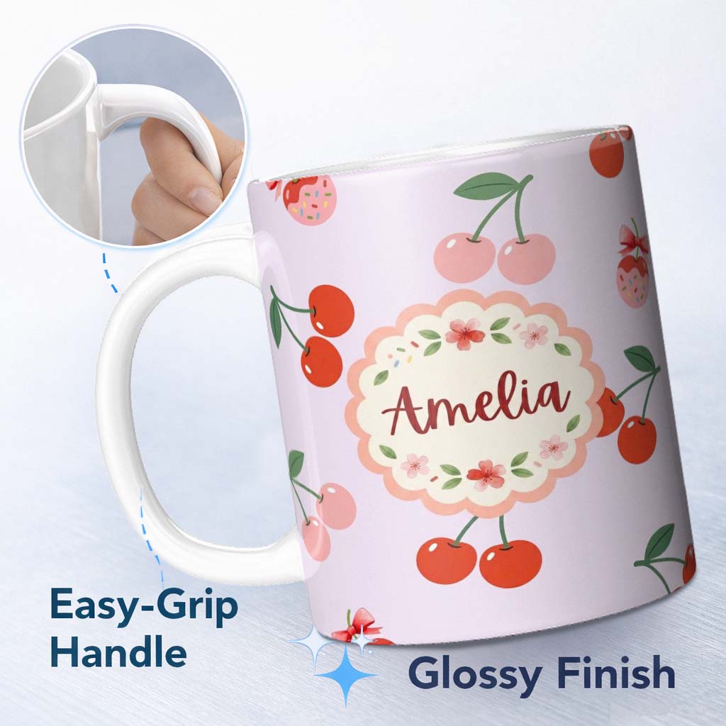 Personalized Custom Name Cute Cherry Fruit with Bow and Sprinkles Seamless Pattern Soft Lilac 11oz Ceramic Coffee Tea Mug White Large Handle