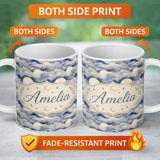 Personalized Custom Name Layered Clouds and Moon Dreamscape Seamless Pattern Cute Unique Gift 11oz Ceramic Coffee Tea Mug White Large Handle