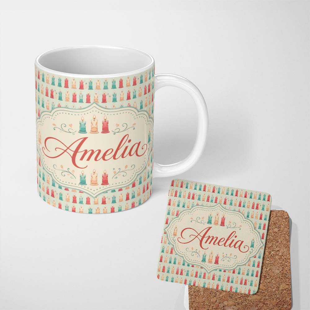 Personalized Custom Name Pastel Multicolor Standing Candles Repeating Pattern Seamless Name 11oz Ceramic Coffee Tea Mug White Large Handle