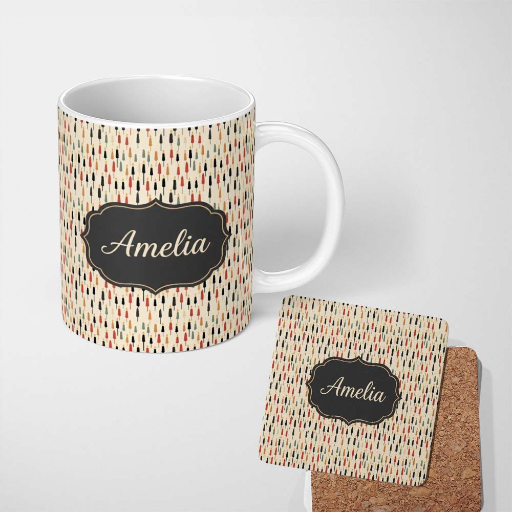 Personalized Custom Name Minimal Tall Candle Silhouettes in Warm Tones Seamless Pattern Name 11oz Ceramic Coffee Tea Mug White Large Handle