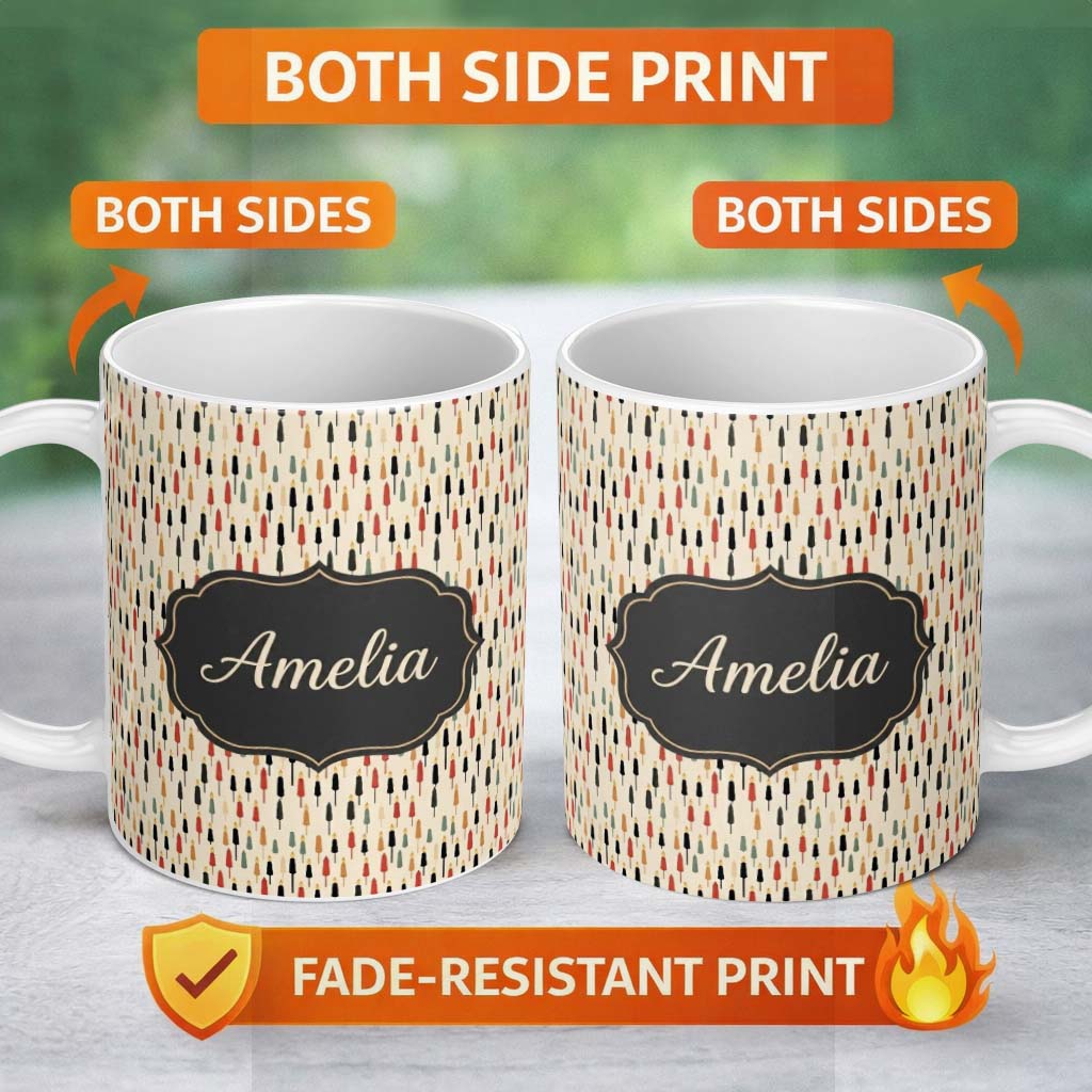 Personalized Custom Name Minimal Tall Candle Silhouettes in Warm Tones Seamless Pattern Name 11oz Ceramic Coffee Tea Mug White Large Handle
