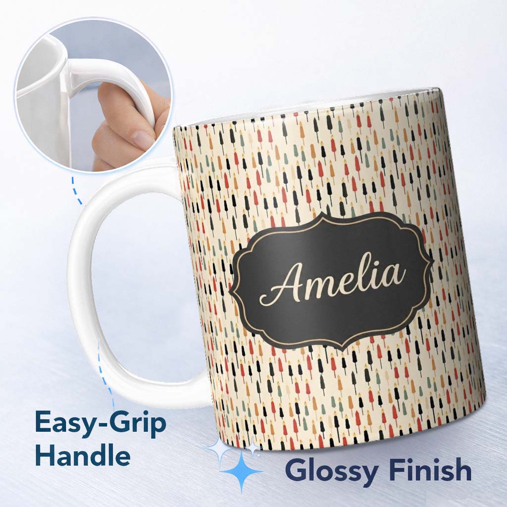 Personalized Custom Name Minimal Tall Candle Silhouettes in Warm Tones Seamless Pattern Name 11oz Ceramic Coffee Tea Mug White Large Handle
