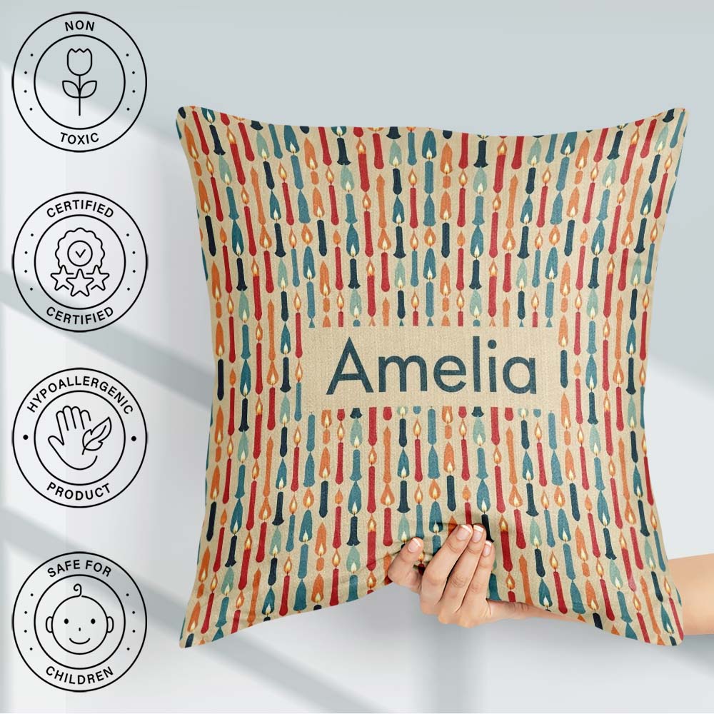 Custom Name Colorful Vertical Candle with Flame Details Seamless Square Filled Cushion Throw Pillow Sofa Bed Home Decor Zip Washable UK Made