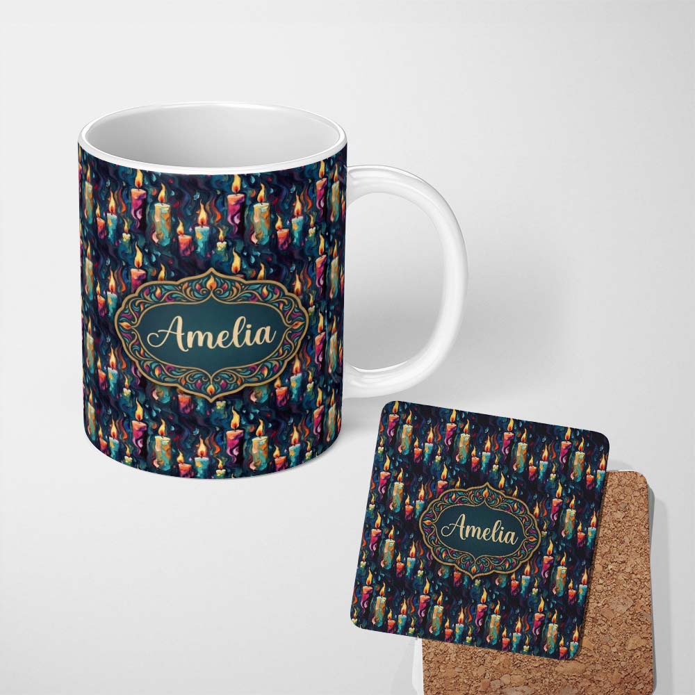Personalized Custom Name Artistic Melting Wax Candles on Dark Background Seamless Pattern 11oz Ceramic Coffee Tea Mug White Large Handle