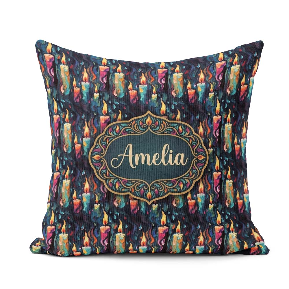 Custom Name Artistic Melting Candles on Dark Background Seamless Square Filled Cushion Throw Pillow Sofa Bed Home Decor Zip Washable UK Made