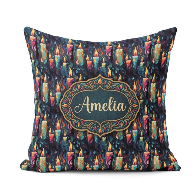 Custom Name Artistic Melting Candles on Dark Background Seamless Square Filled Cushion Throw Pillow Sofa Bed Home Decor Zip Washable UK Made