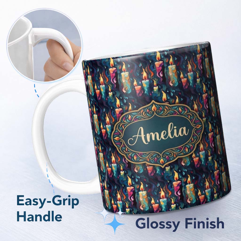Personalized Custom Name Artistic Melting Wax Candles on Dark Background Seamless Pattern 11oz Ceramic Coffee Tea Mug White Large Handle