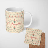 Personalized Custom Name Vintage Red Candles on Ornate Holders Seamless Pattern Name Cute 11oz Ceramic Coffee Tea Mug White Large Handle