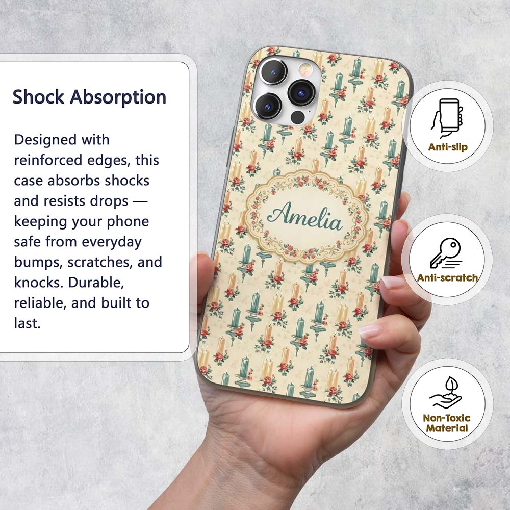 Floral Candle Arrangement with Roses Vintage Custom Name Protective Phone Case Mobile Cover Durable Everyday Smartphone Shock Resistant