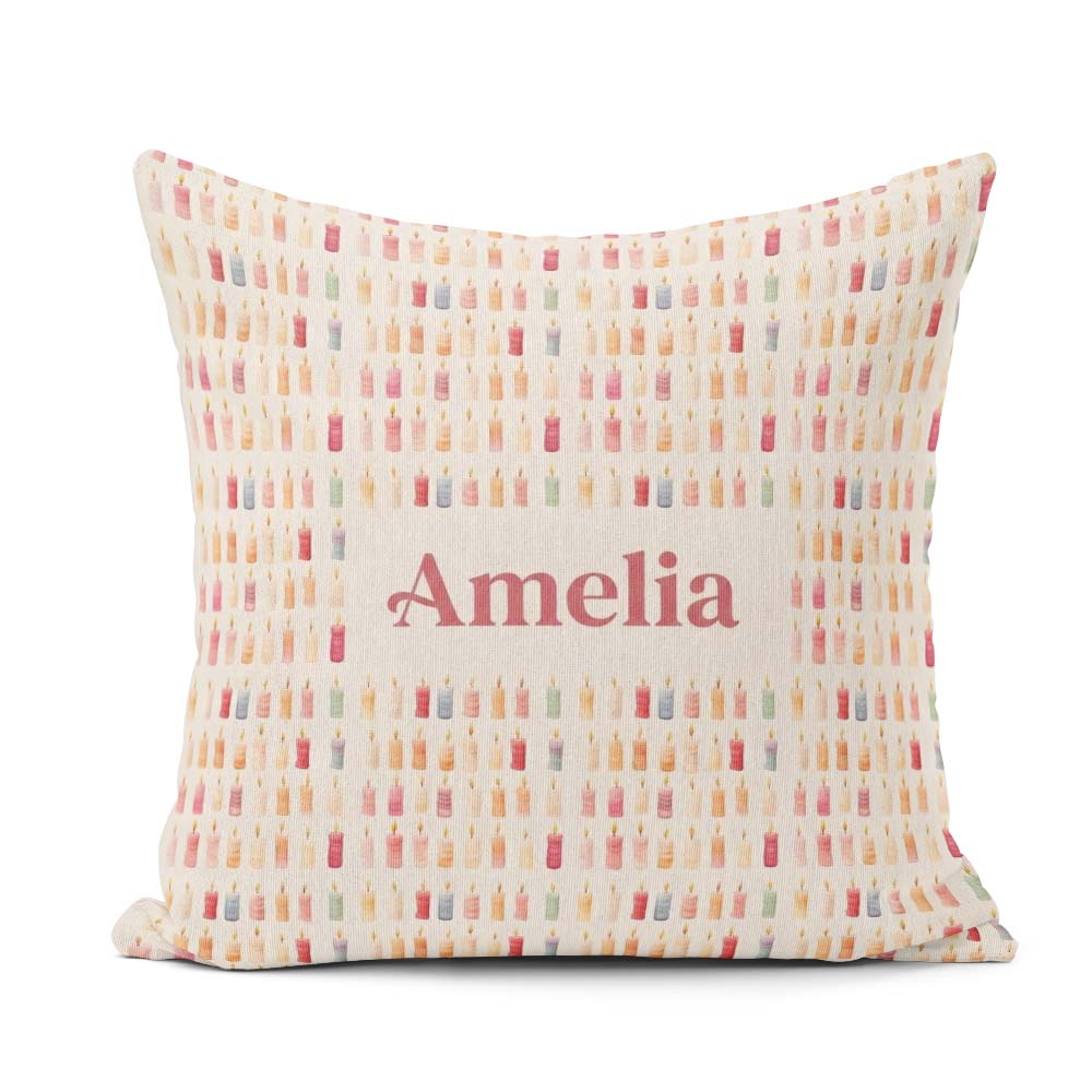 Custom Name Soft Pastel Small Candles Minimal Repeating Seamless Square Filled Cushion Throw Pillow Sofa Bed Home Decor Zip Washable UK Made