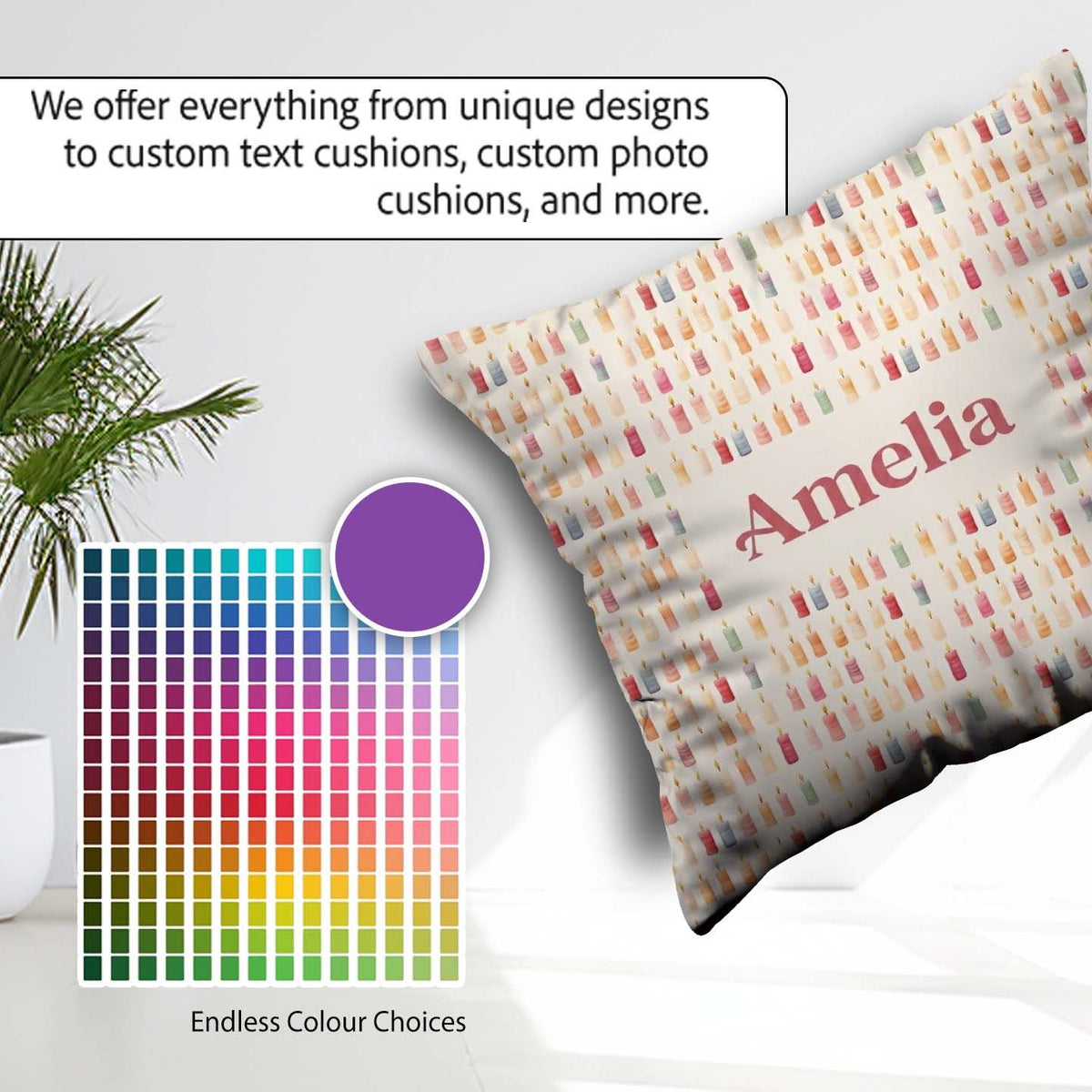 Custom Name Soft Pastel Small Candles Minimal Repeating Seamless Square Filled Cushion Throw Pillow Sofa Bed Home Decor Zip Washable UK Made