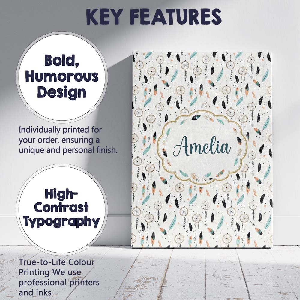 Personalised Name Boho Dreamcatcher Feathers Custom Bespoke  Contemporary Display Canvas Wall Art Print Decor Picture Ready to Hang