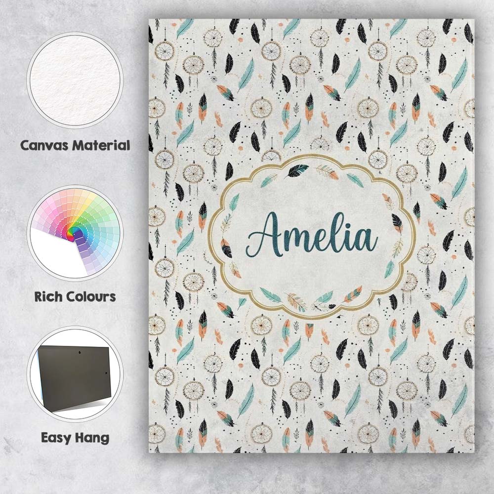 Personalised Name Boho Dreamcatcher Feathers Custom Bespoke  Contemporary Display Canvas Wall Art Print Decor Picture Ready to Hang