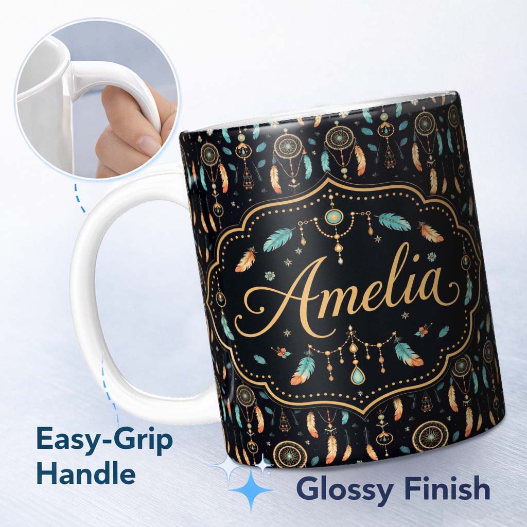 Personalized Custom Name Dark Boho Dreamcatcher Feathers Night Seamless Pattern Designs Name 11oz Ceramic Coffee Tea Mug White Large Handle