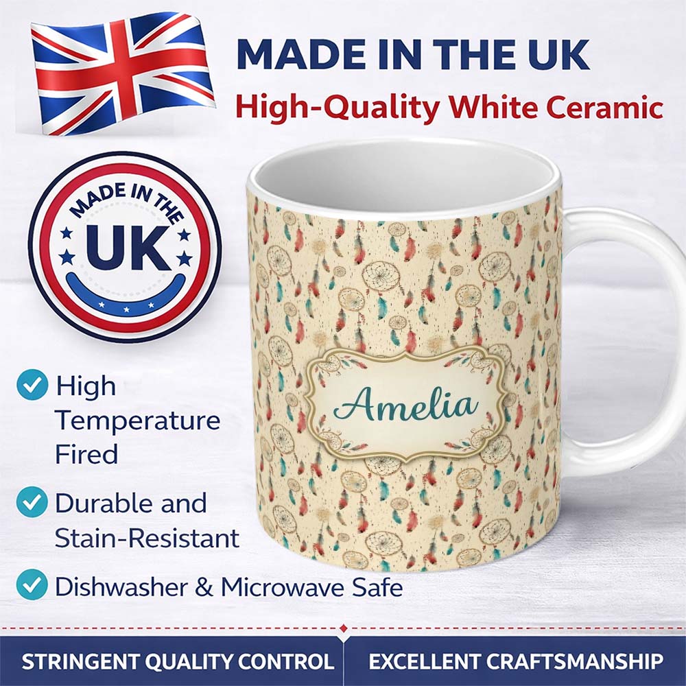 Personalized Custom Name Vintage Dreamcatcher Feathers Warm Tones Seamless Pattern Designs 11oz Ceramic Coffee Tea Mug White Large Handle