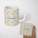 Personalized Custom Name Soft Boho Dreamcatcher Feathers Neutral Seamless Pattern Designs 11oz Ceramic Coffee Tea Mug White Large Handle