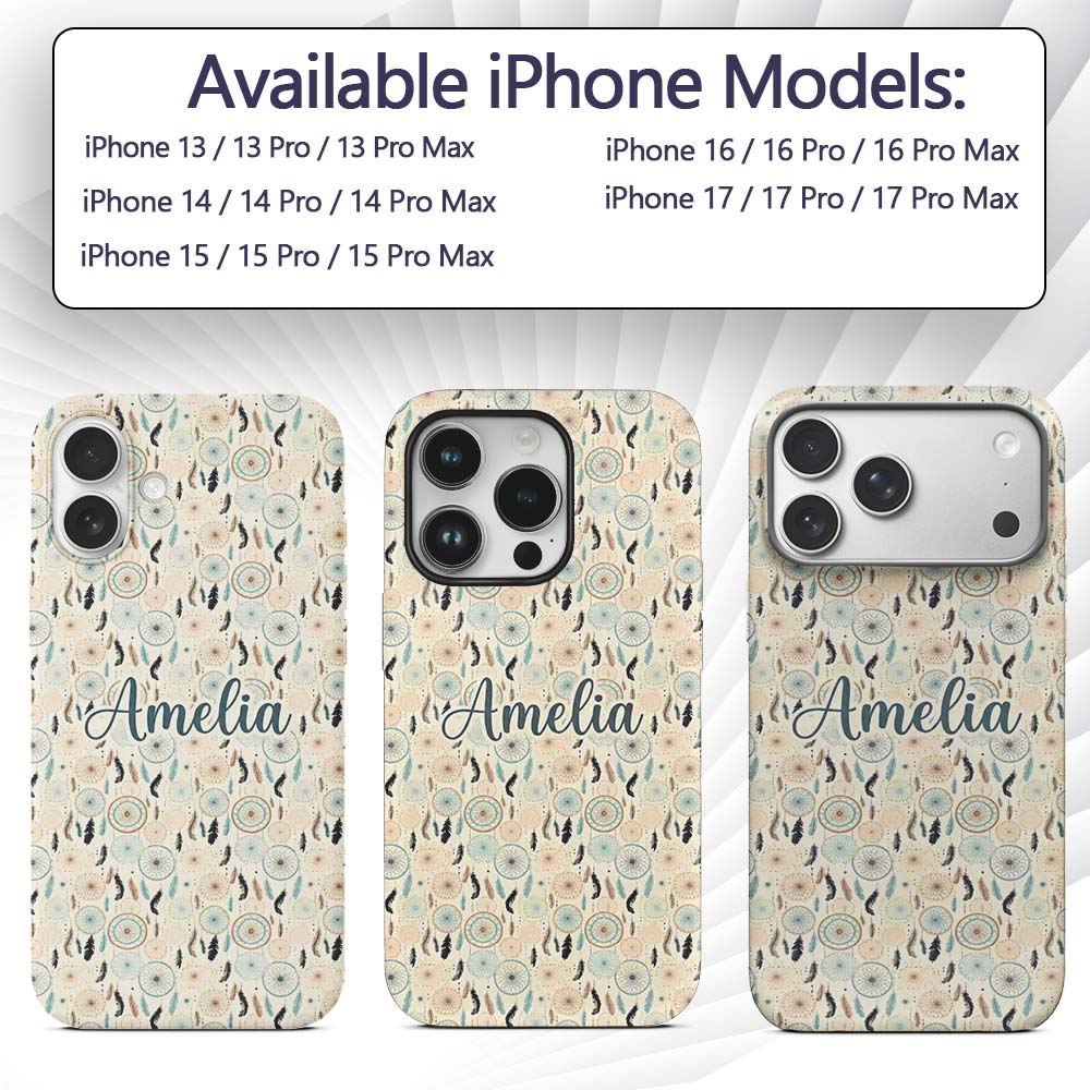 Soft Boho Dreamcatcher Feathers Neutral Seamless Custom Name Protective Phone Case Mobile Cover Durable Everyday Smartphone Shock Resistant