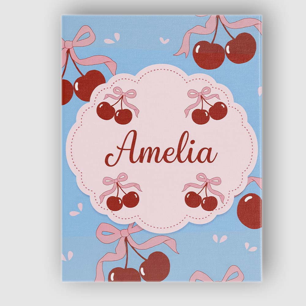 Personalised Name Cherry Bow Ribbon Cute Minimal Sky Blue Background Custom  Home Canvas Wall Art Print Decor Picture Ready to Hang