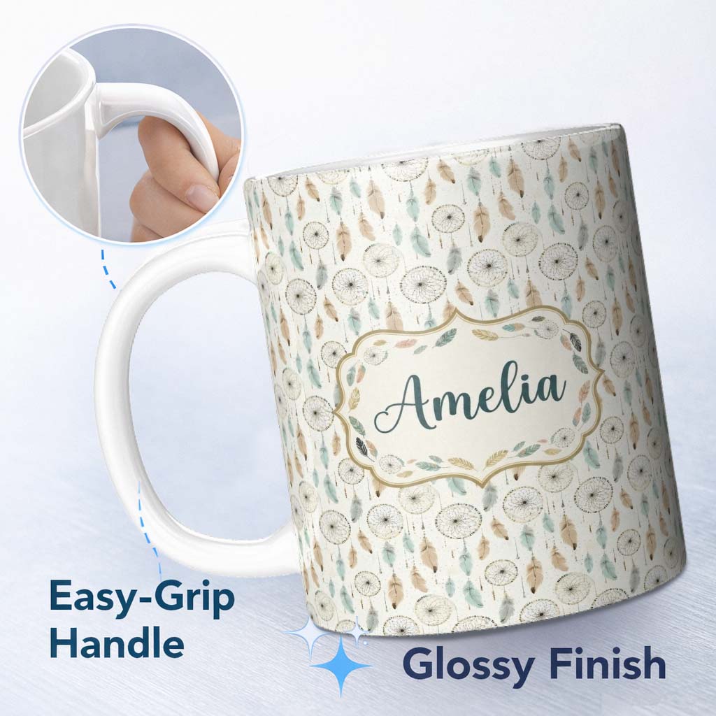 Personalized Custom Name Elegant Dreamcatcher Feathers Minimal Seamless Pattern Designs Name 11oz Ceramic Coffee Tea Mug White Large Handle