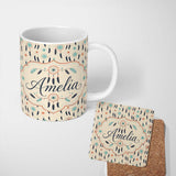 Personalized Custom Name Boho Dreamcatcher Feathers Dots Seamless Pattern Designs Name Cute 11oz Ceramic Coffee Tea Mug White Large Handle