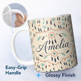 Personalized Custom Name Boho Dreamcatcher Feathers Dots Seamless Pattern Designs Name Cute 11oz Ceramic Coffee Tea Mug White Large Handle