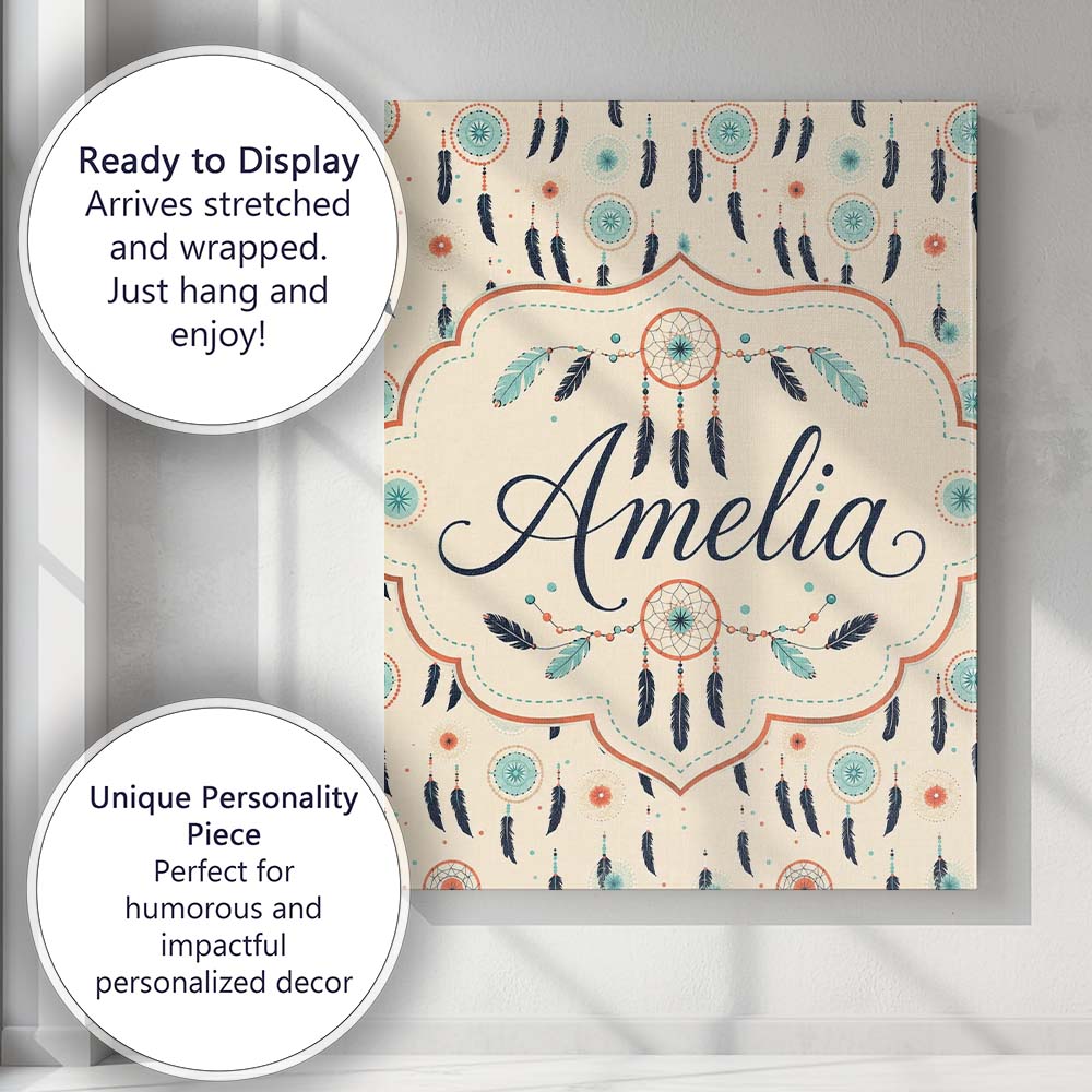 Personalised Name Boho Dreamcatcher Feathers Custom Bespoke  Contemporary Display Canvas Wall Art Print Decor Picture Ready to Hang