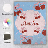 Personalised Name Cherry Bow Ribbon Cute Minimal Sky Blue Background Custom  Home Canvas Wall Art Print Decor Picture Ready to Hang