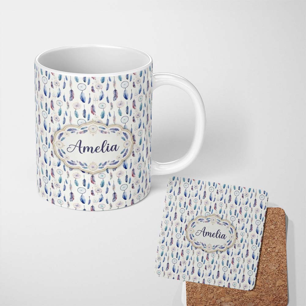 Personalized Custom Name Soft Blue Dreamcatcher Feathers Pastel Seamless Pattern Name Cute 11oz Ceramic Coffee Tea Mug White Large Handle