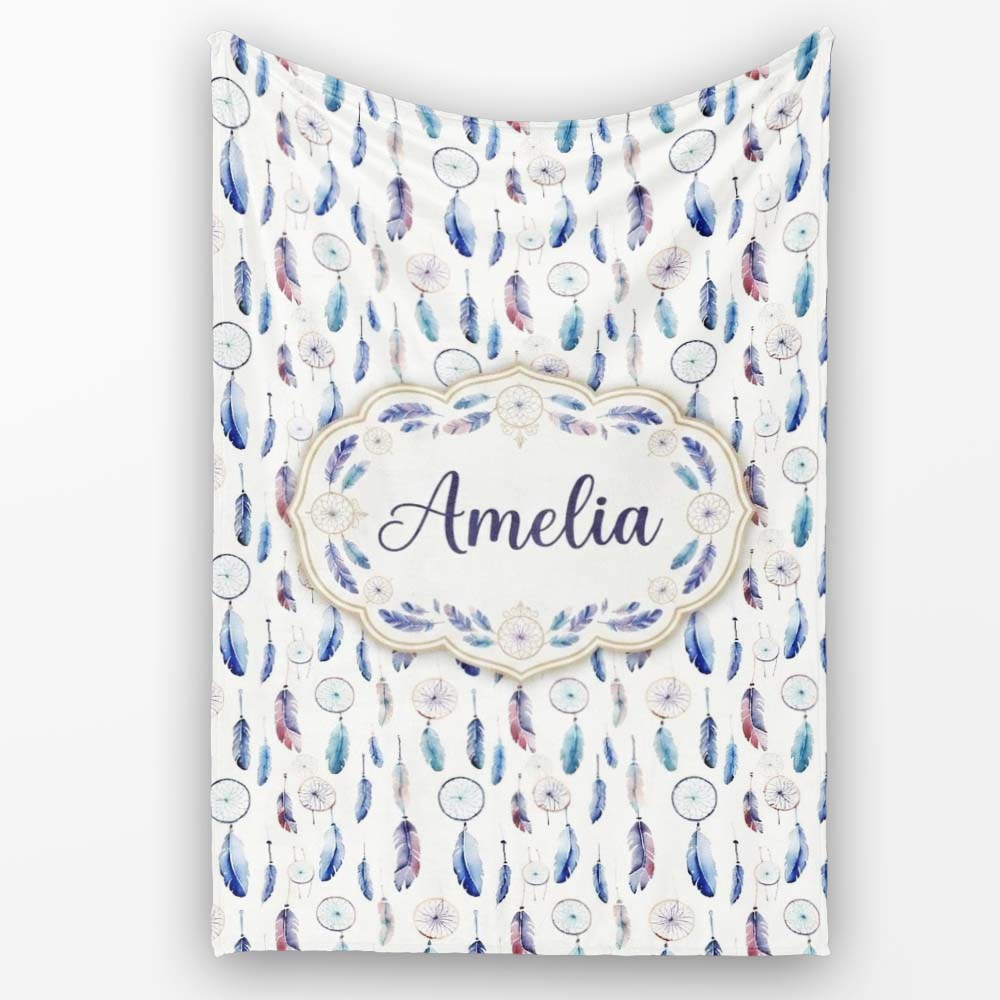 Soft Blue Dreamcatcher Feathers Pastel Seamless Pattern Name Cute  Personalised Custom Name Super Soft Fleece Blanket Bed Sofa Throw