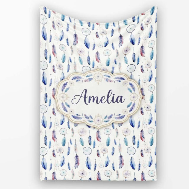 Soft Blue Dreamcatcher Feathers Pastel Seamless Pattern Name Cute  Personalised Custom Name Super Soft Fleece Blanket Bed Sofa Throw