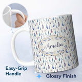 Personalized Custom Name Soft Blue Dreamcatcher Feathers Pastel Seamless Pattern Name Cute 11oz Ceramic Coffee Tea Mug White Large Handle