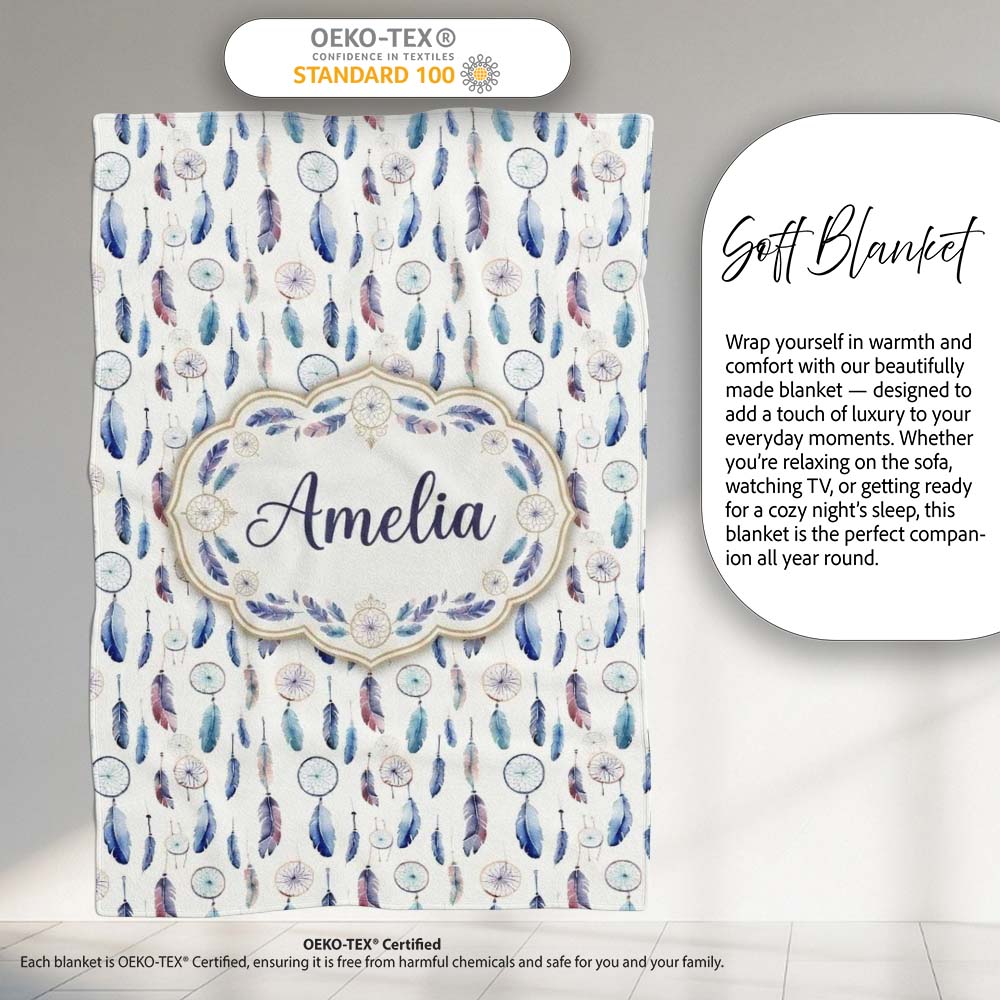 Soft Blue Dreamcatcher Feathers Pastel Seamless Pattern Name Cute  Personalised Custom Name Super Soft Fleece Blanket Bed Sofa Throw