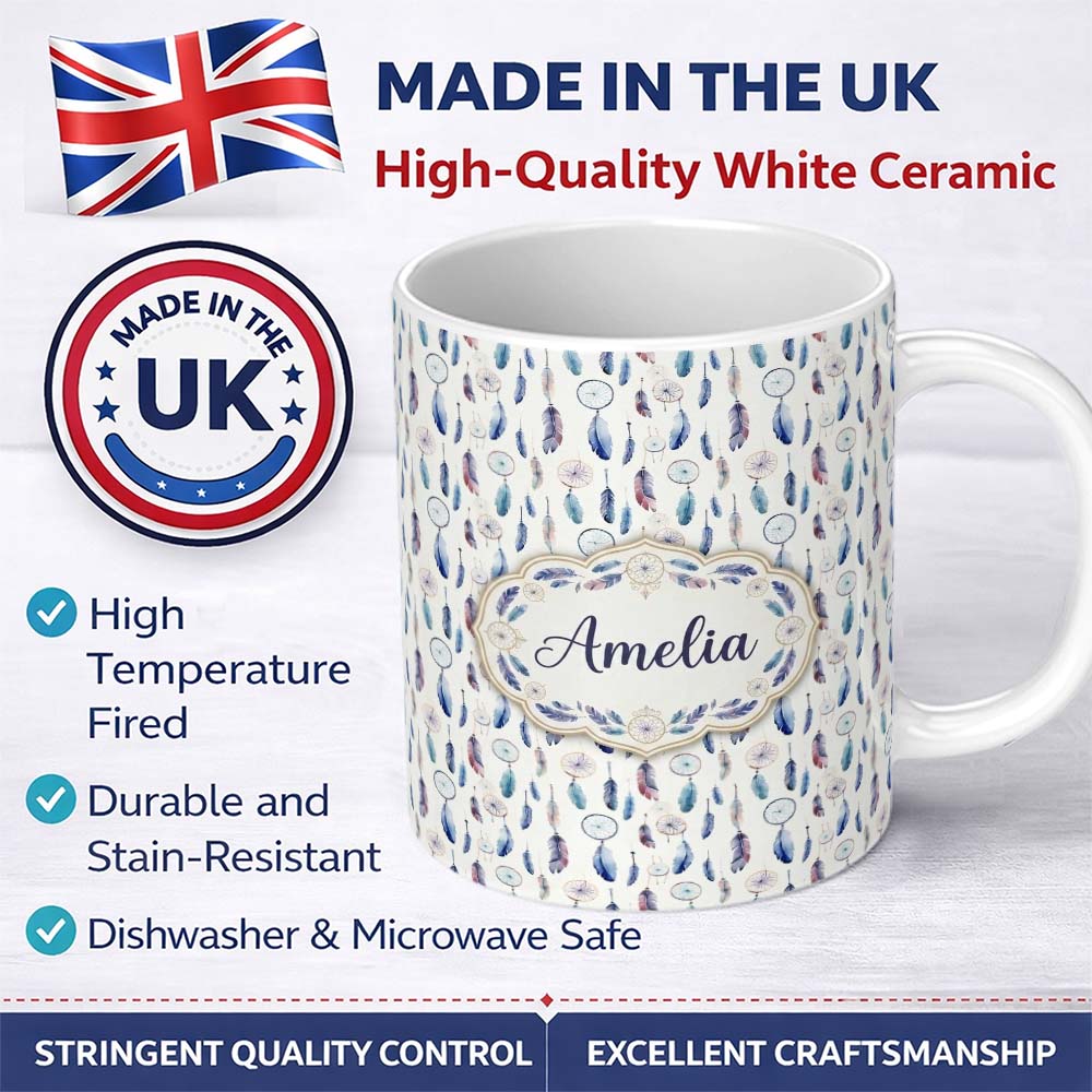 Personalized Custom Name Soft Blue Dreamcatcher Feathers Pastel Seamless Pattern Name Cute 11oz Ceramic Coffee Tea Mug White Large Handle